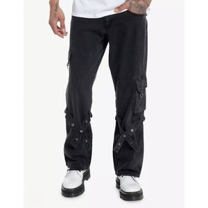 Hot Topic Cargo Pants Mens 28 Black Denim Strap D-Ring Utility Jeans Gothic Punk